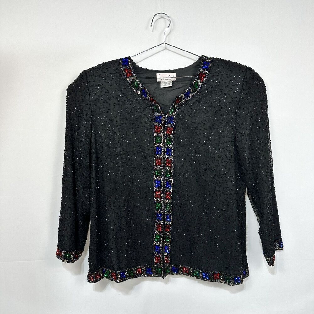 VINTAGE Beaded Silk Laurence Kazar Colorful Black Glitz Jacket Women's 1X